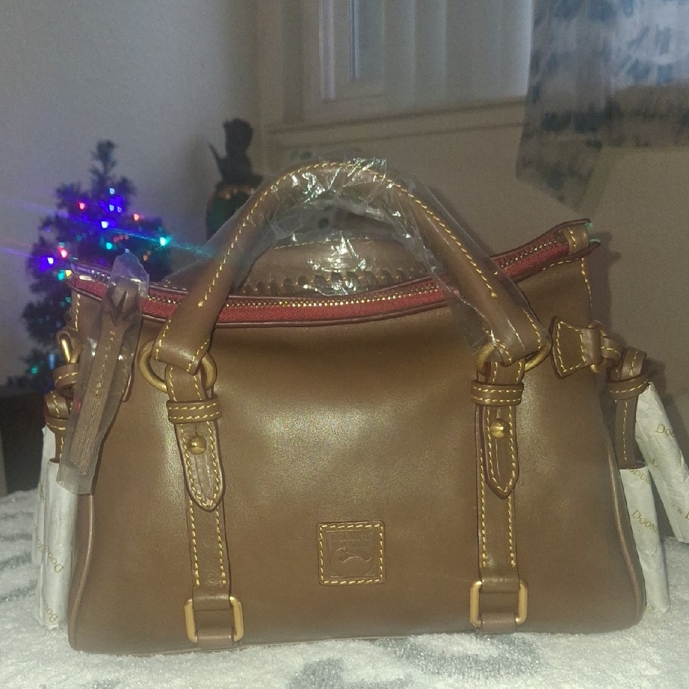 Dooney & Bourke Brown Satchel with Red Trim and Gold Hardware